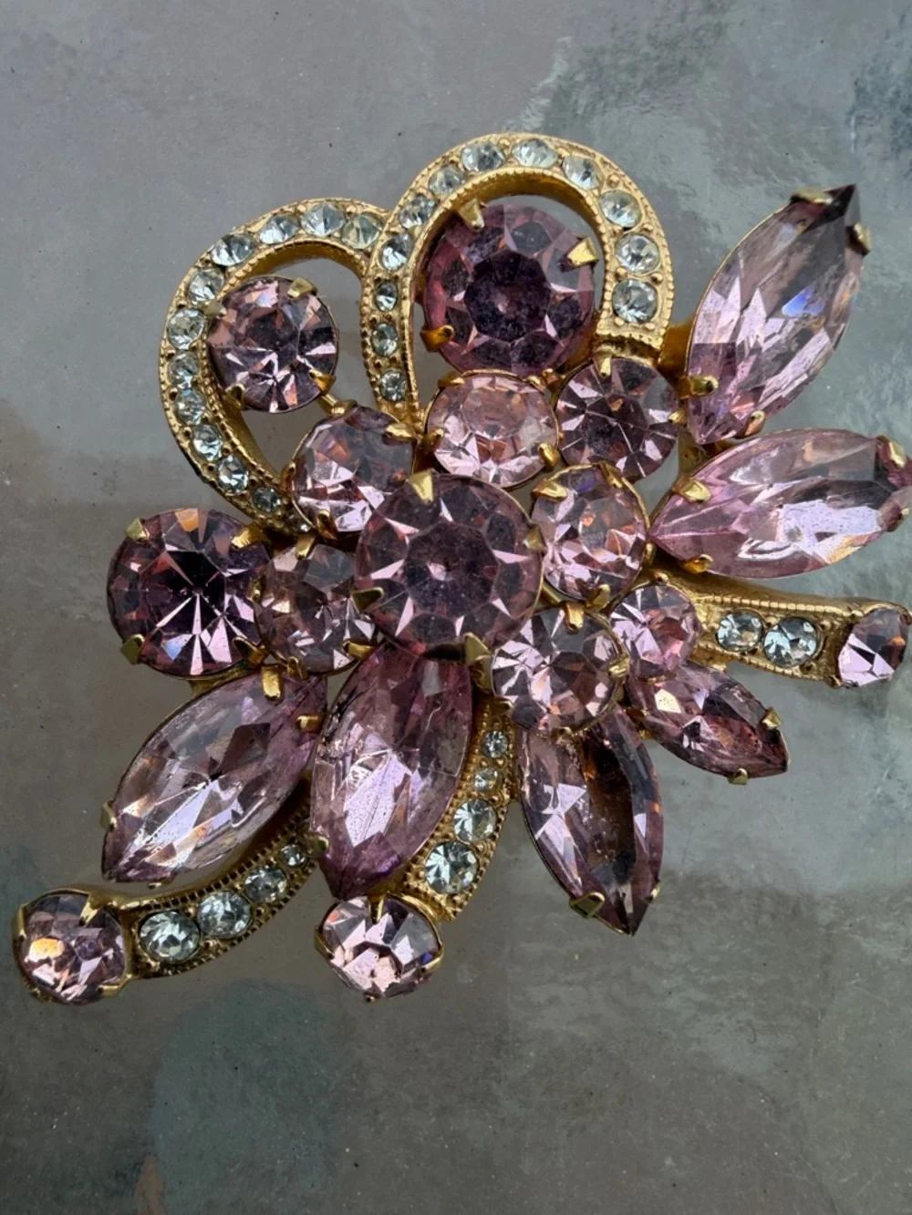 Signed Eisenberg Ice Pink Rhinestone Floral Swirl Brooch Vintage Glam